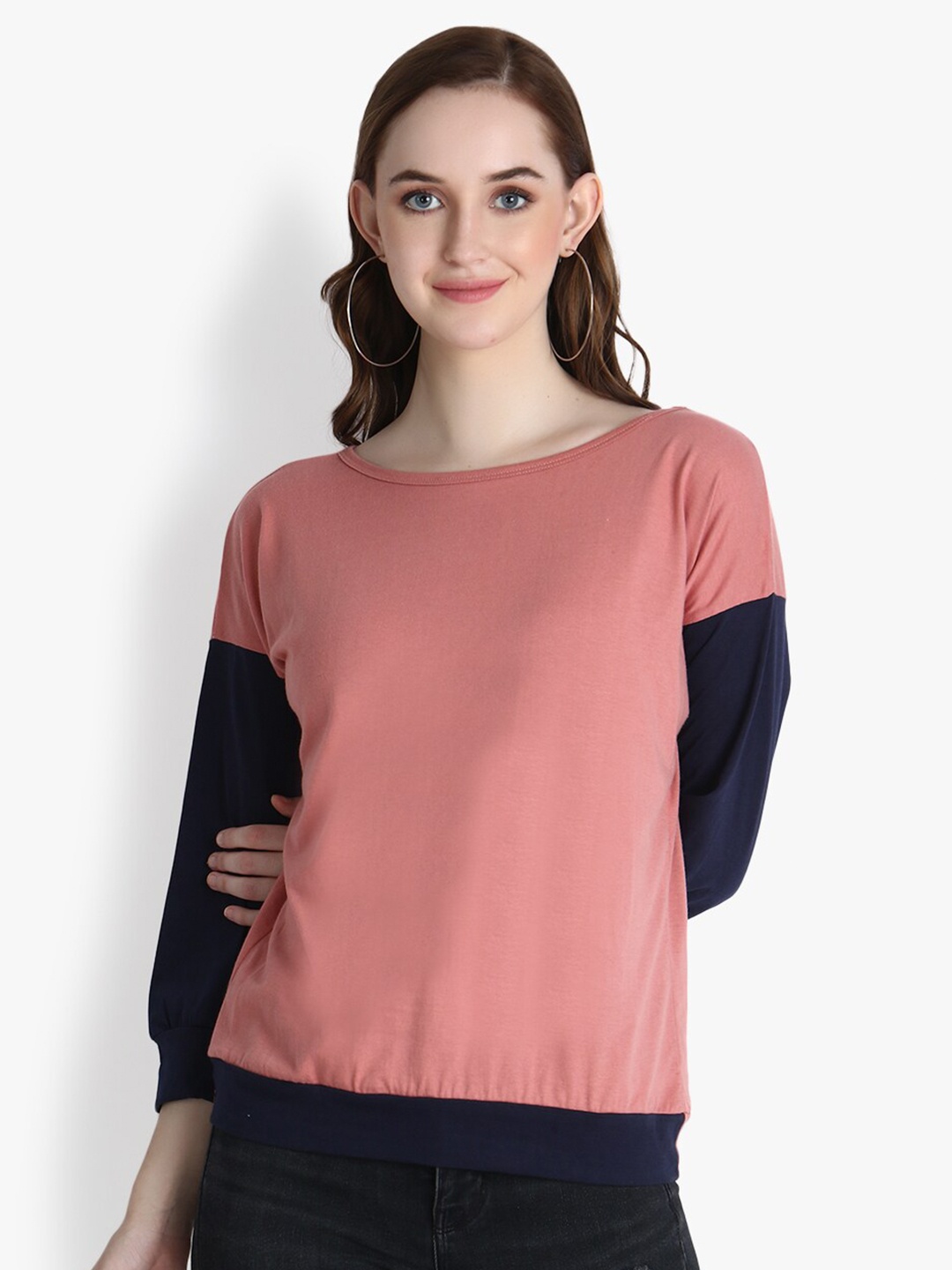 

OM SAI LATEST CREATION Peach-Coloured Colourblocked Extended Sleeves Blouson Top