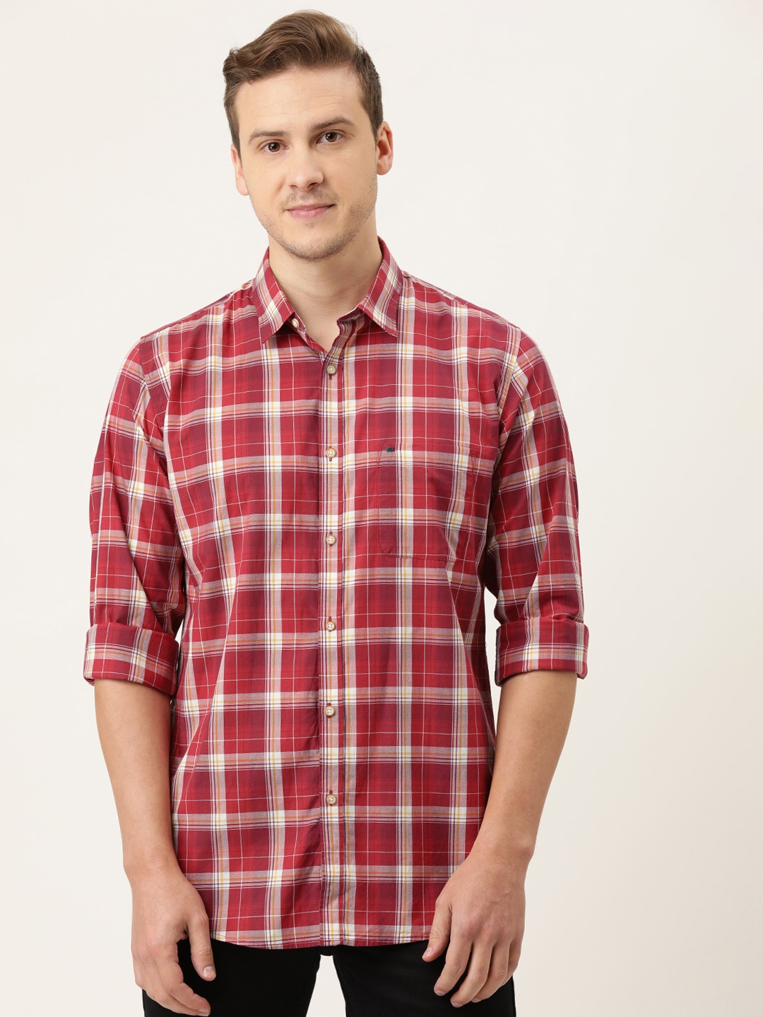 

Peter England Casuals Men Maroon & Off-White Slim Fit Opaque Checked Casual Shirt