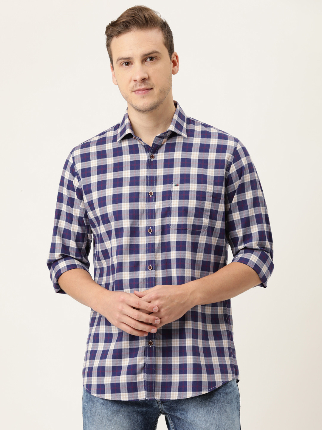 

Peter England Casuals Men Navy Blue & White Slim Fit Opaque Checked Casual Shirt