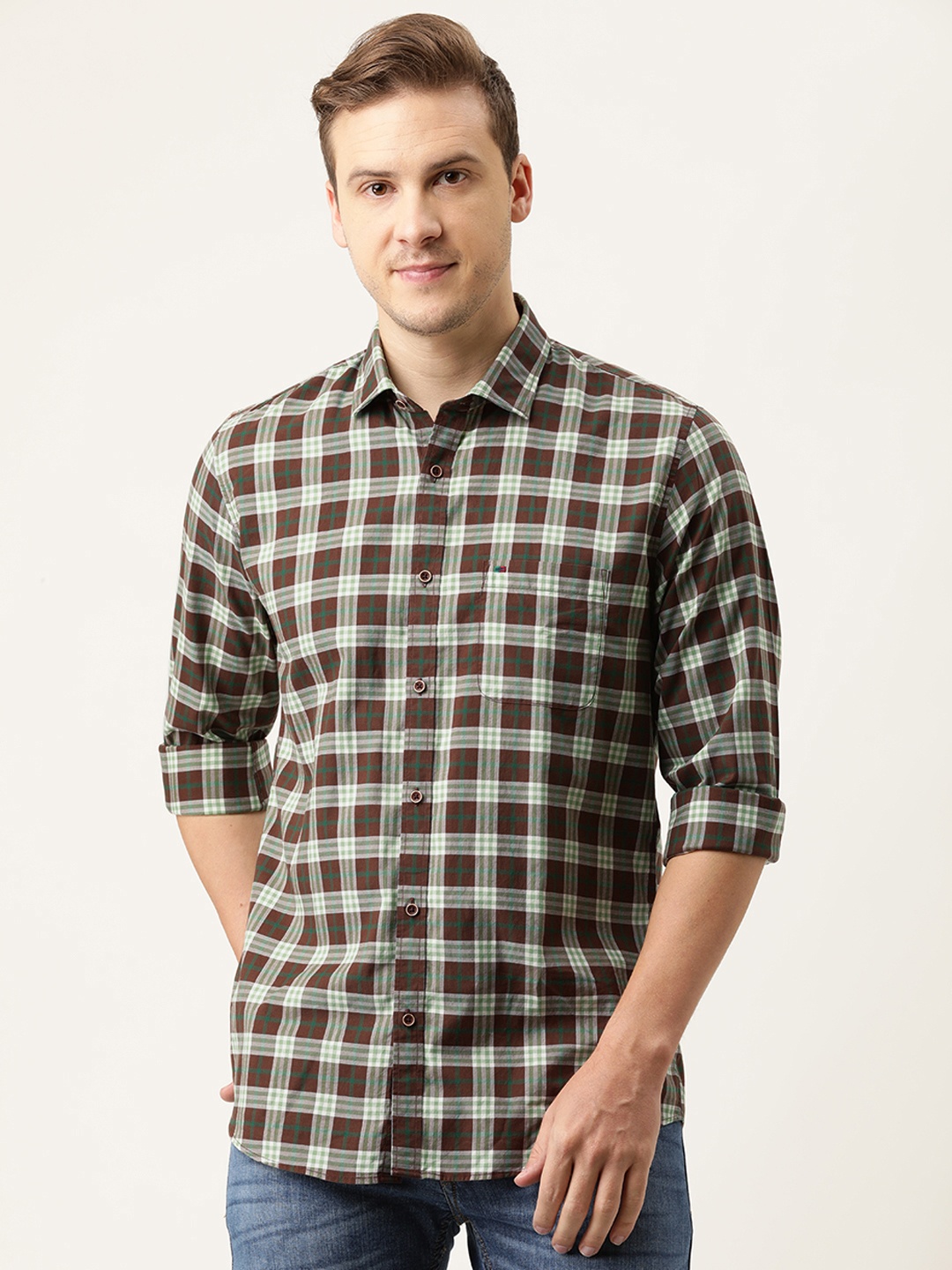 

Peter England Casuals Men Brown Slim Fit Tartan Checked Pure Cotton Casual Shirt
