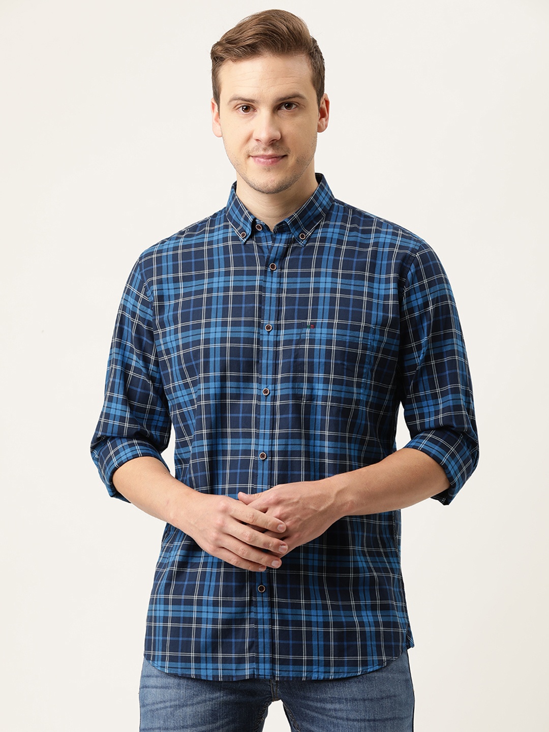 

Peter England Casuals Men Navy Blue Slim Fit Tartan Checked Pure Cotton Casual Shirt