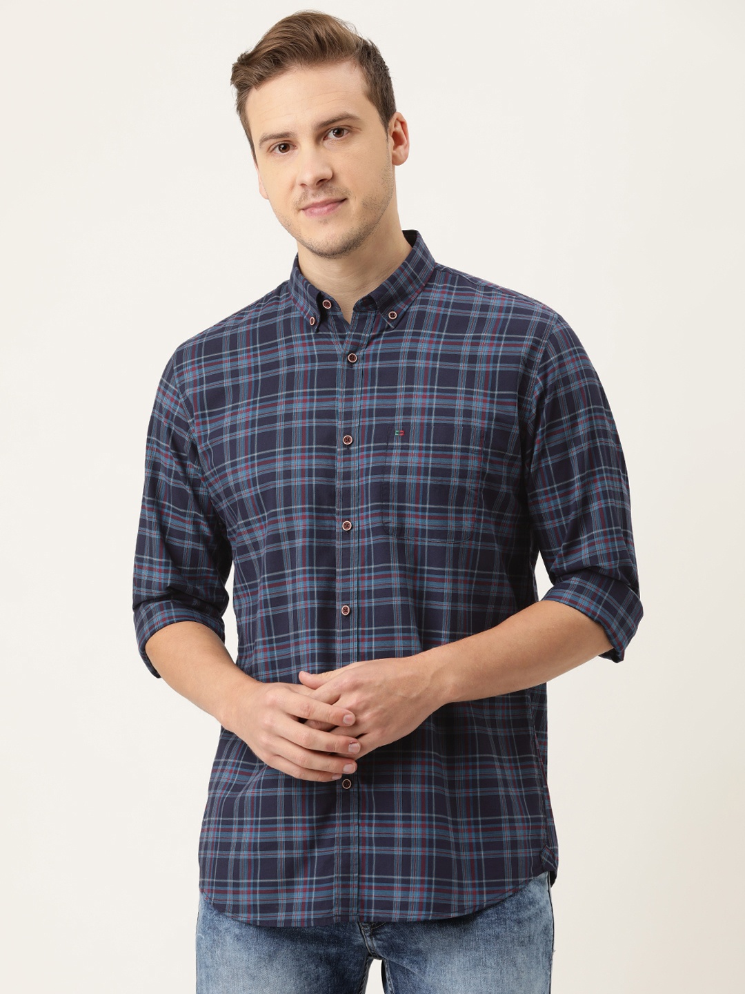 

Peter England Casuals Men Navy Blue Slim Fit Opaque Checked Casual Shirt