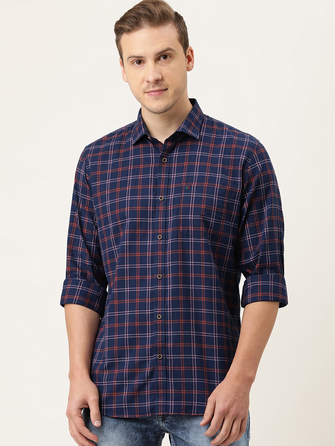 

Peter England Casuals Men Navy Blue Slim Fit Checked Pure Cotton Casual Shirt