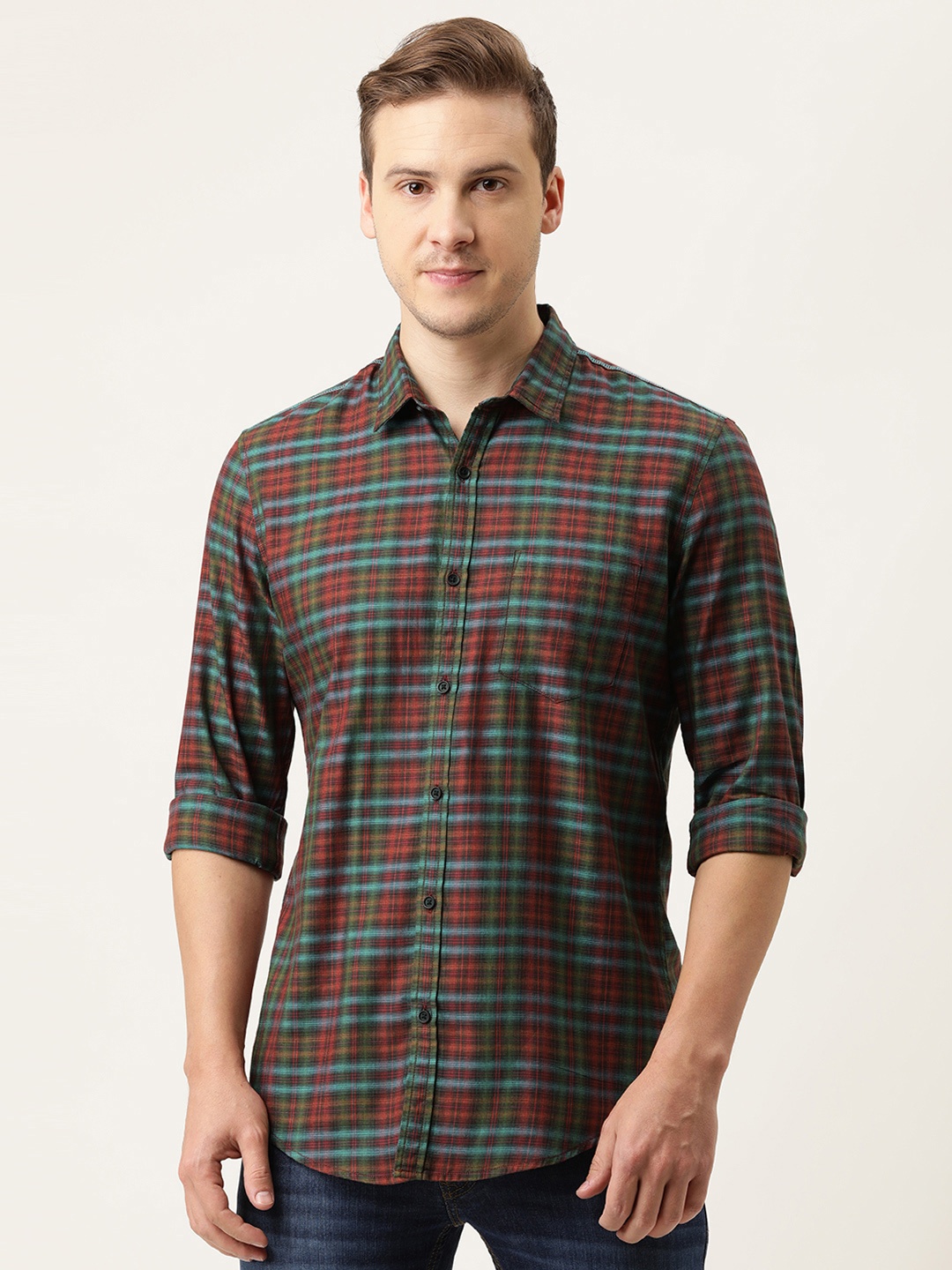 

Peter England Casuals Men Red & Green Slim Fit Cotton Checked Casual Shirt