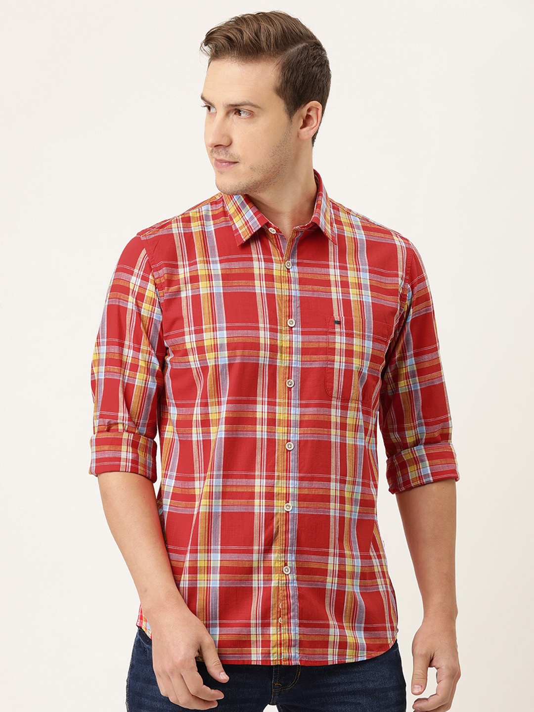 

Peter England Casuals Men Red & Yellow Slim Fit Opaque Checked Casual Shirt