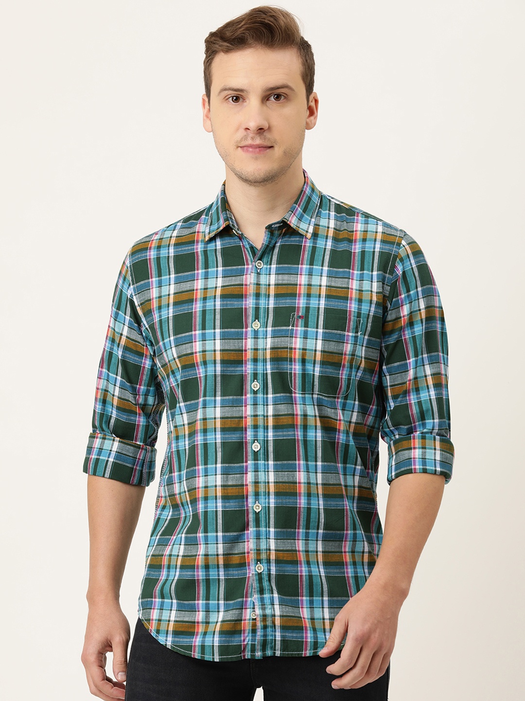 

Peter England Casuals Men Green & Blue Slim Fit Opaque Checked Casual Shirt
