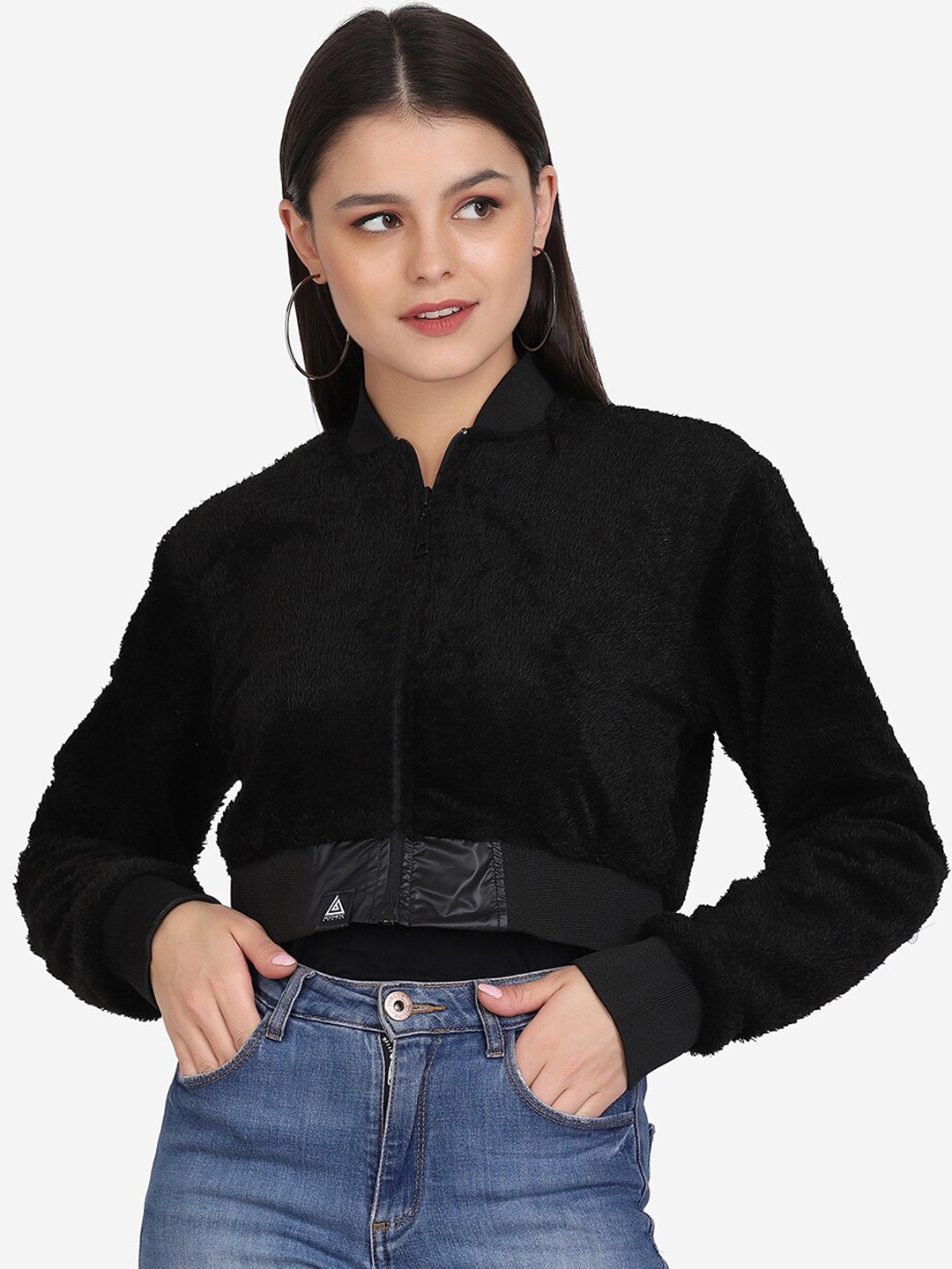 

Aesthetic Bodies Women Black Lightweight Crop Bomber Jacket