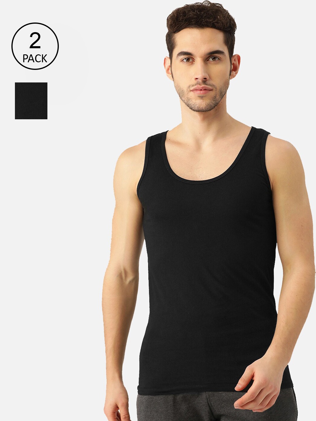 

ROMEO ROSSI Pack of 2 Black Solid Innerwear Vest