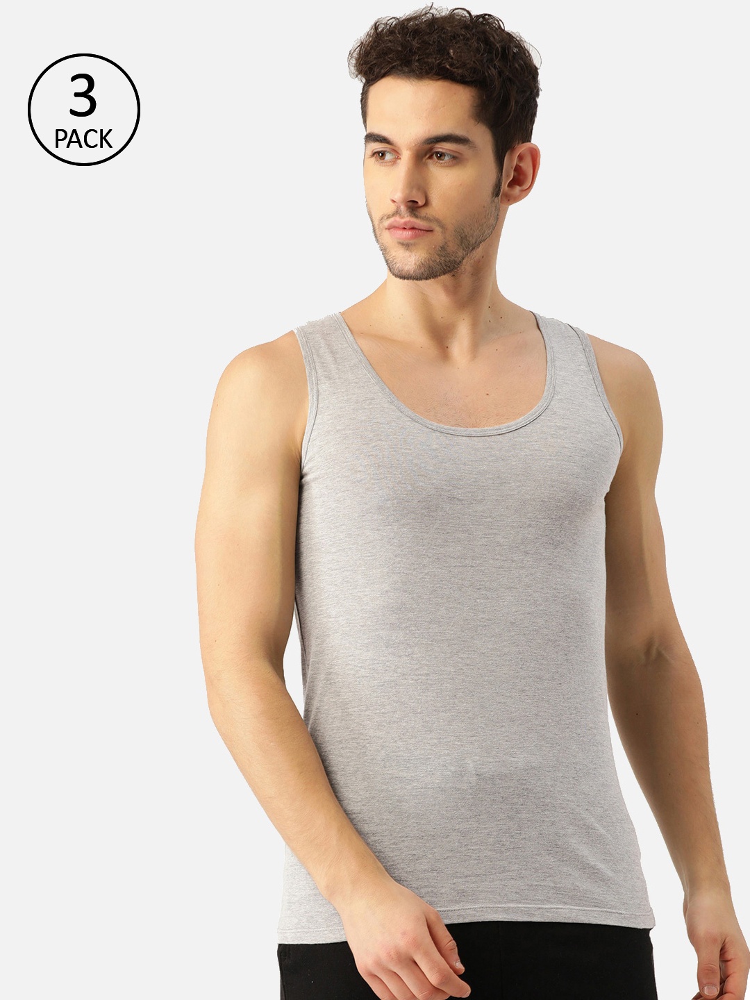 

ROMEO ROSSI Pack of 3 Grey Melange Round Neck Innerwear Vests