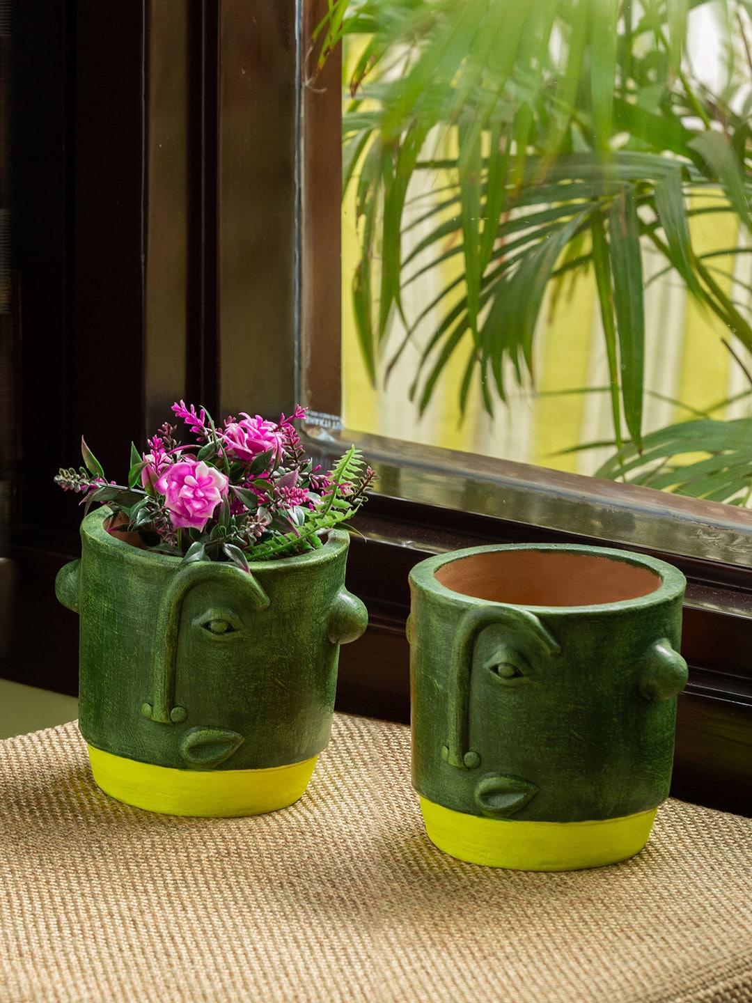 

ExclusiveLane Set Of 2 Abstract Faces Patterned Handcrafted Terracotta Table Planters Pot, Green