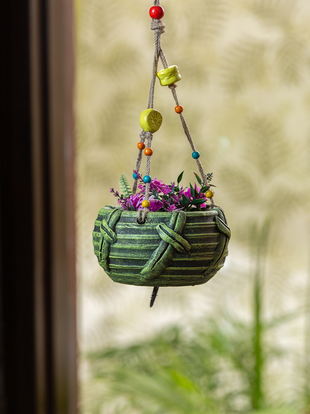 

ExclusiveLane Green Hand-Painted Terracotta Hanging Planters Pots
