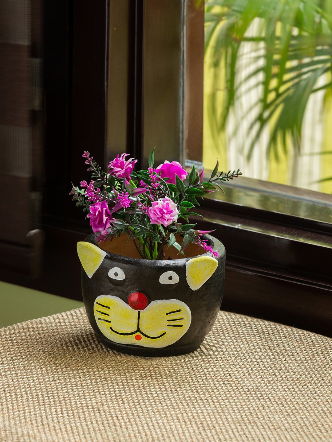 

ExclusiveLane Black & Yellow Meek Meow Patterned Handcrafted Terracotta Table Planter Pot