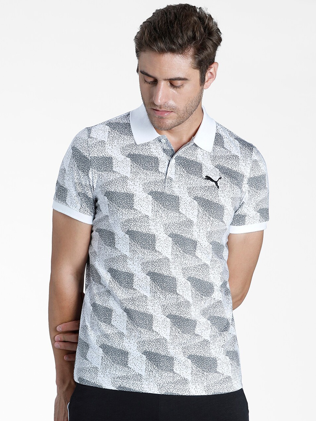

Puma Men White & Grey Printed Polo Collar T-shirt