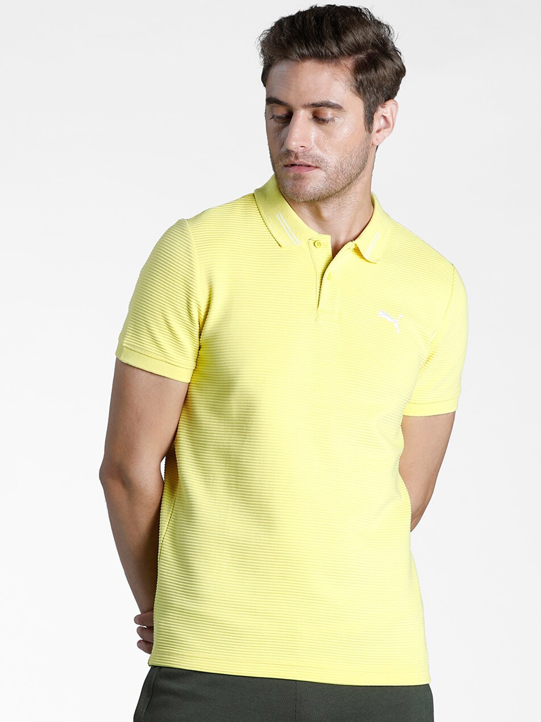 

Puma Men Yellow Striped Polo Collar T-shirt