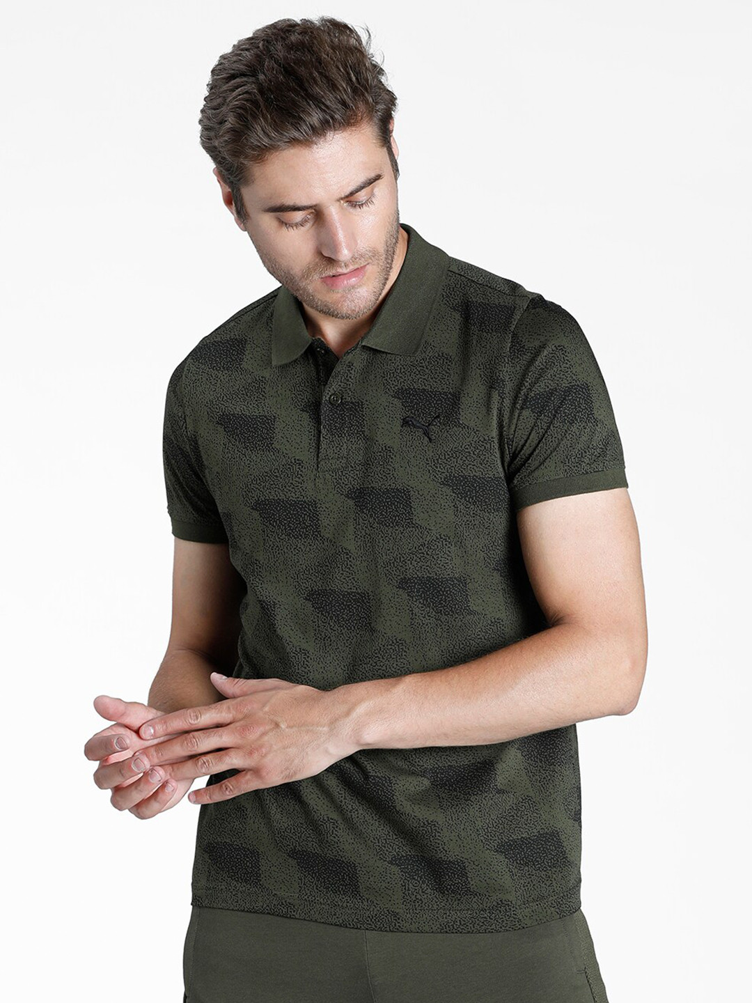 

Puma Men Olive Green & Black Printed Polo Collar T-shirt