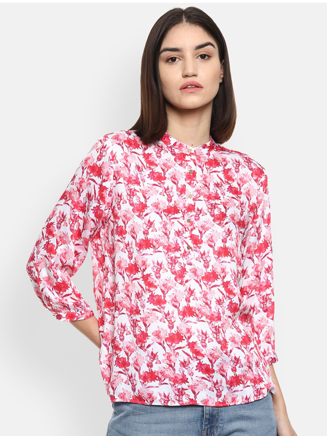 

Van Heusen Woman Pink Floral Mandarin Collar Shirt Style Top