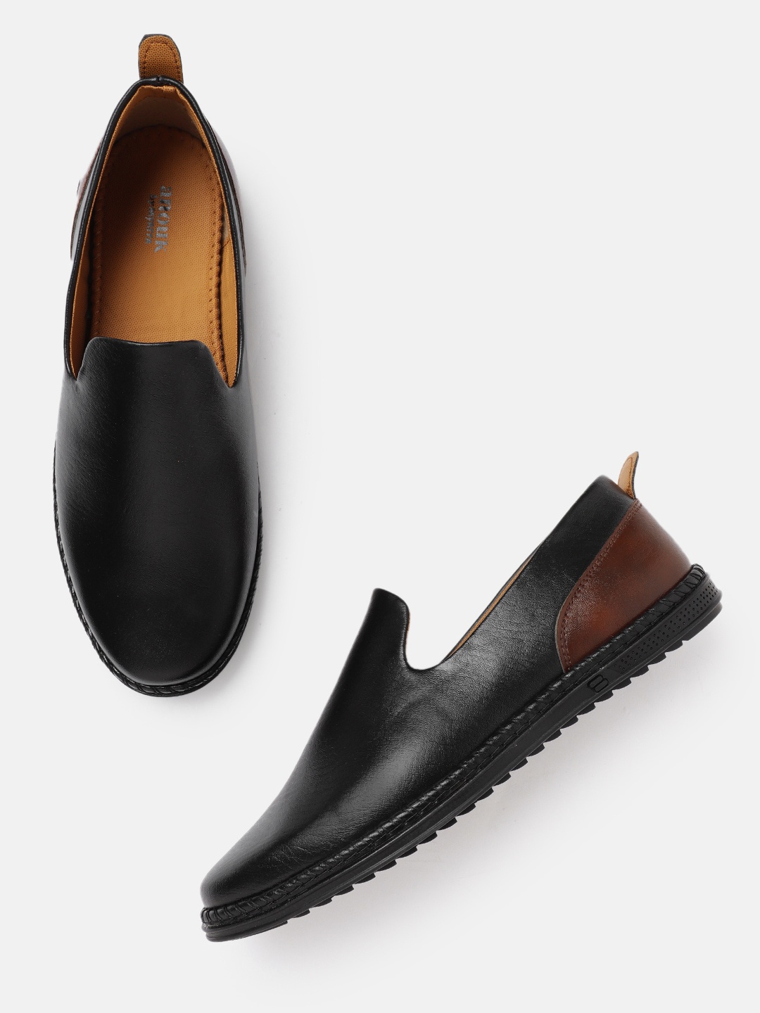 

Anouk Men Black & Coffee Brown Solid Slip-Ons with Colourblocked Detail