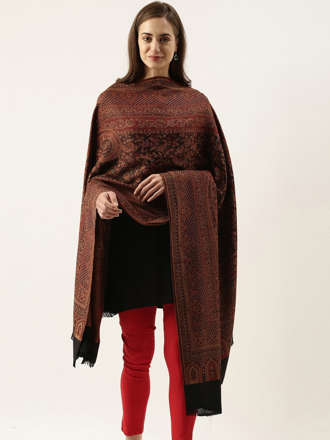 

Pashmoda Women Black & Brown Woven Design Jamawar Shawl