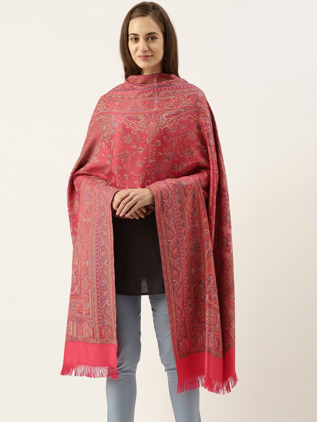 

Pashmoda Women Pink Woven Design Jamawar Shawl