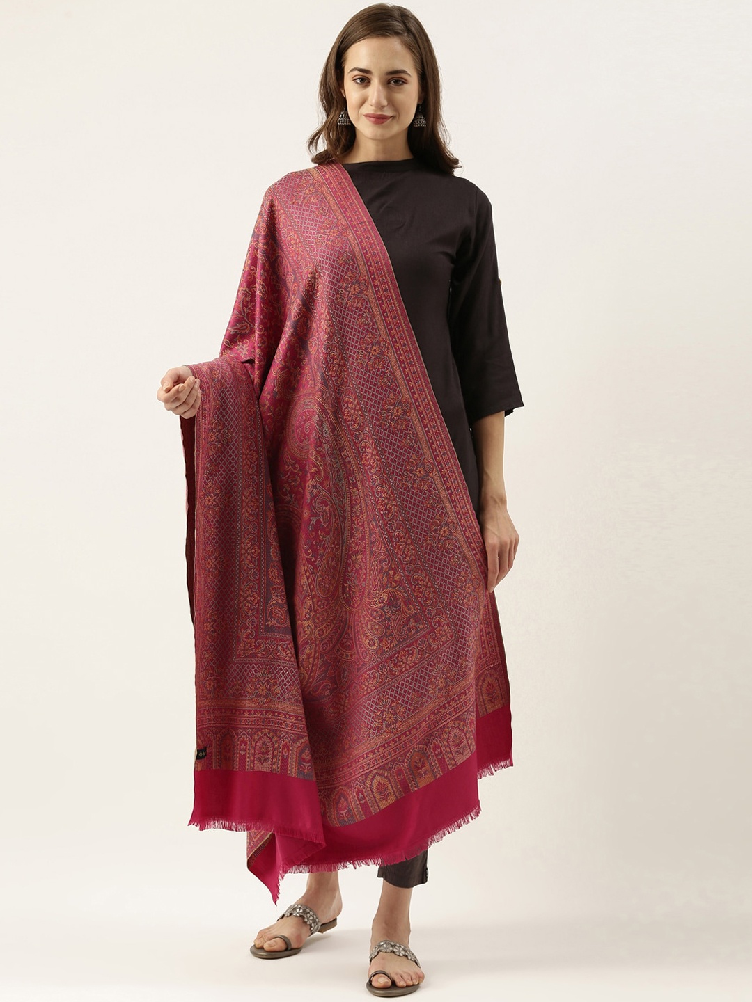 

Pashmoda Women Pink Woven Design Jamawar Shawl