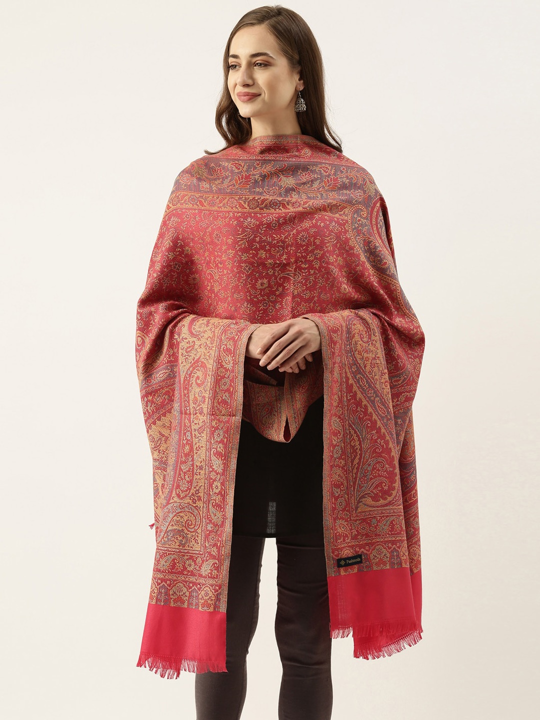 

Pashmoda Women Pink Woven Design Jamawar Shawl