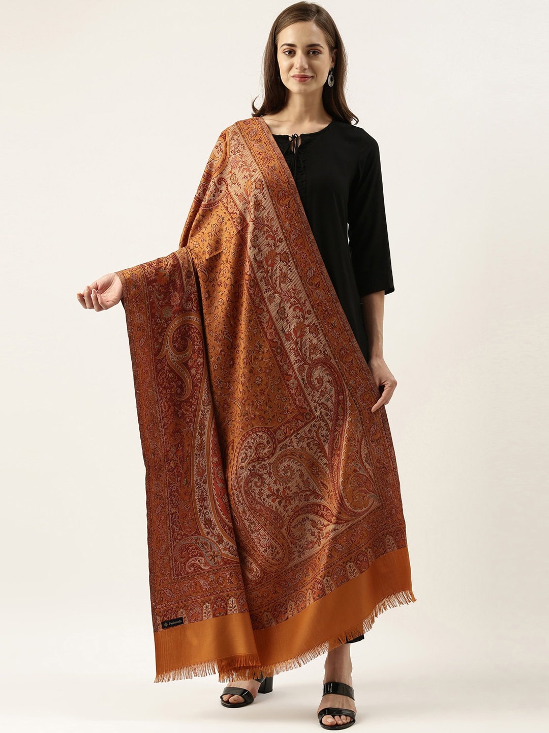 

Pashmoda Women Yellow Woven Design Jamawar Shawl