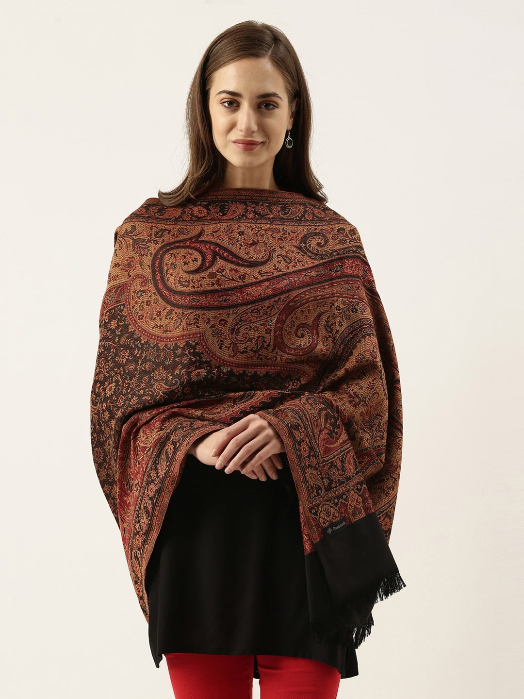 

Pashmoda Women Black & Maroon Woven Design Jamawar Shawl