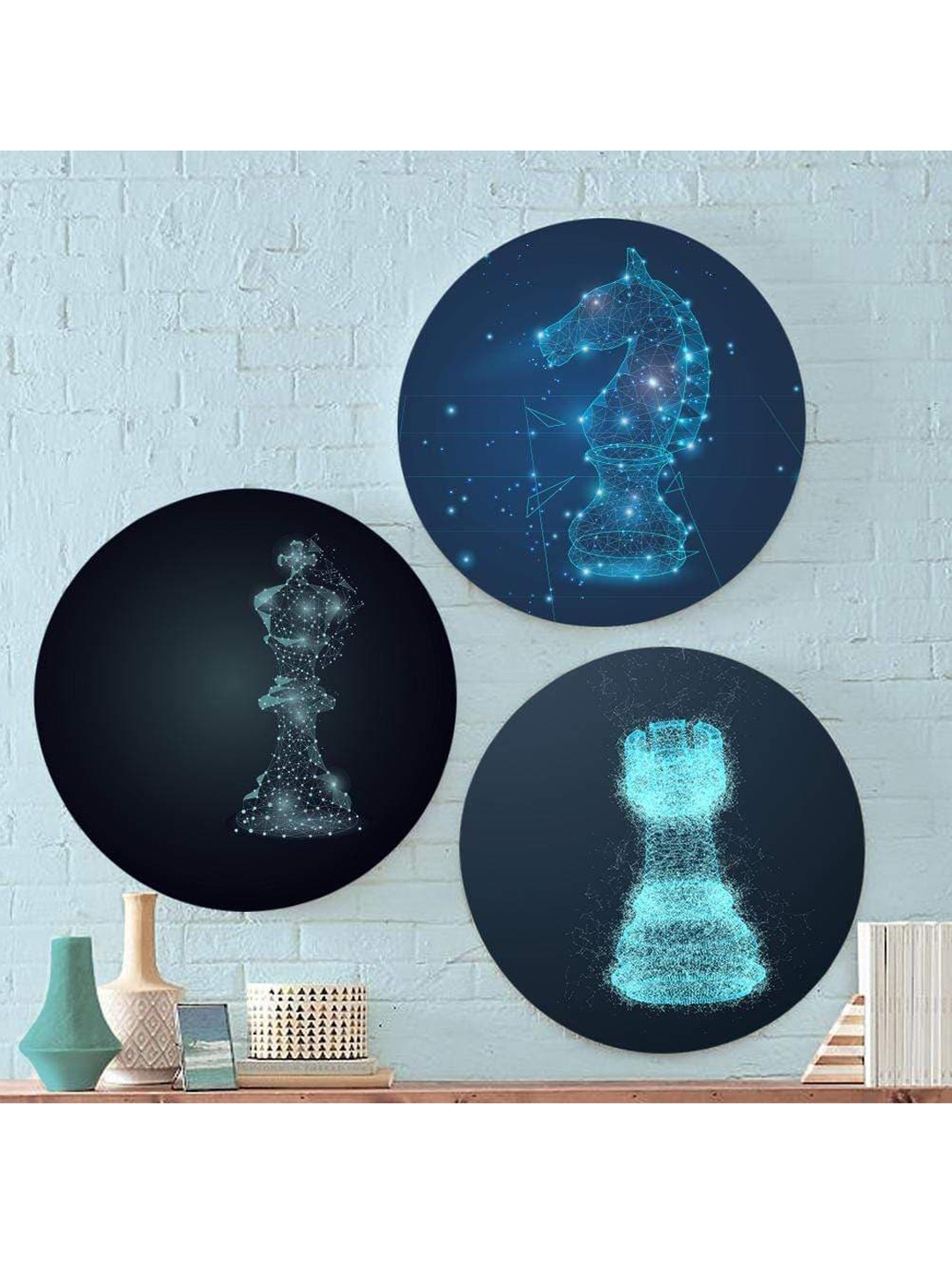 

THE ARTMENT Set of 3 Blue Matte Finish Digital Chess Game Canvas Wall Art