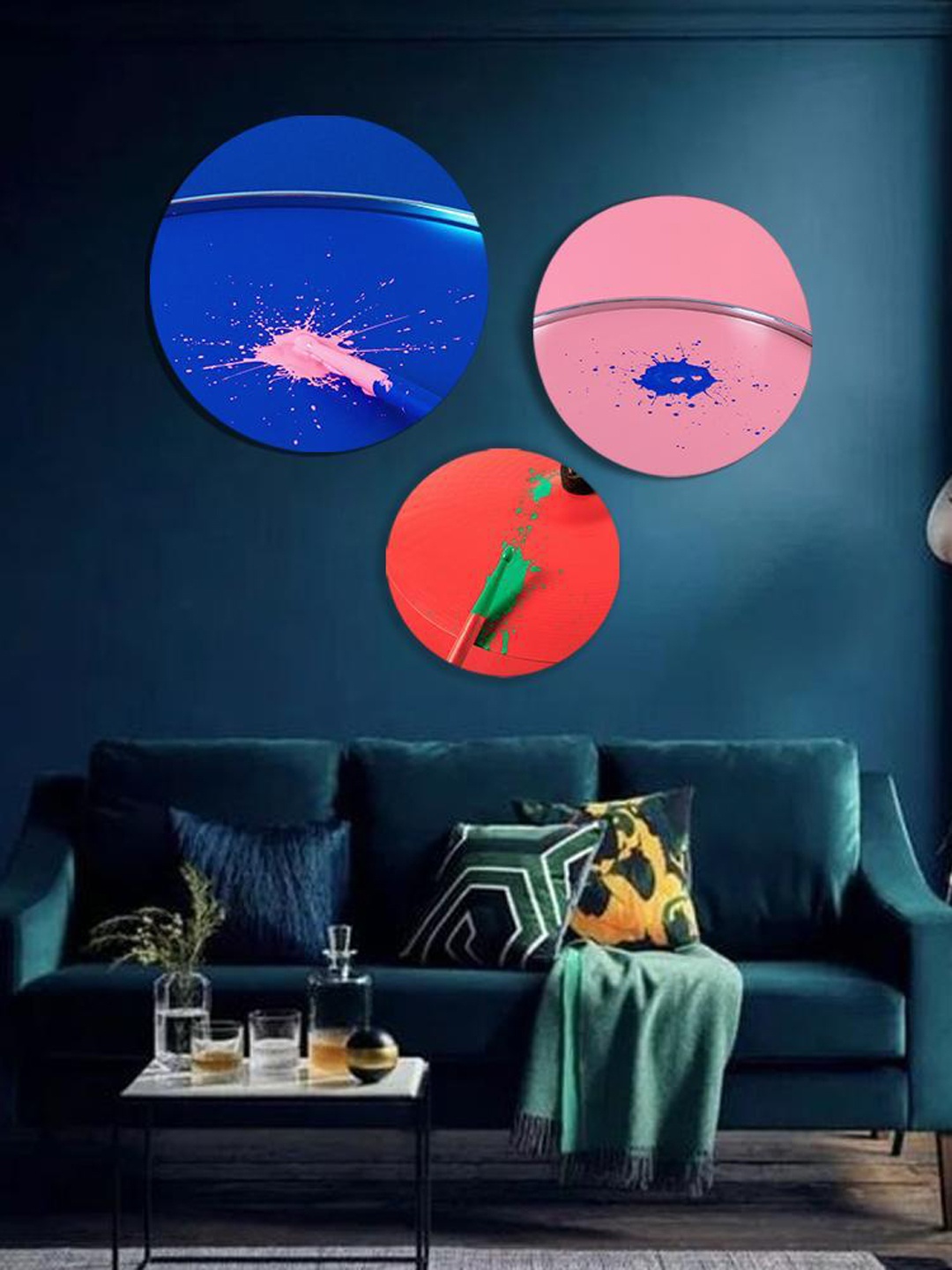 

THE ARTMENT Set of 3 Red & Blue Splattered Colors Matte Finish Canvas Wall Art