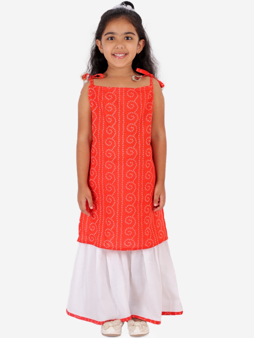 

YK Girls Red Bandhani Print Pure Cotton Strap Kurta with Palazzos