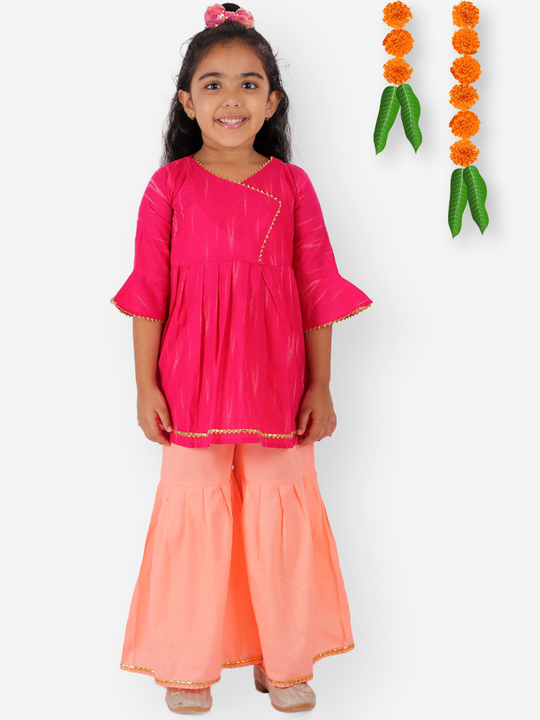 

YK Girls Pink Regular Pure Cotton Kurti with Sharara