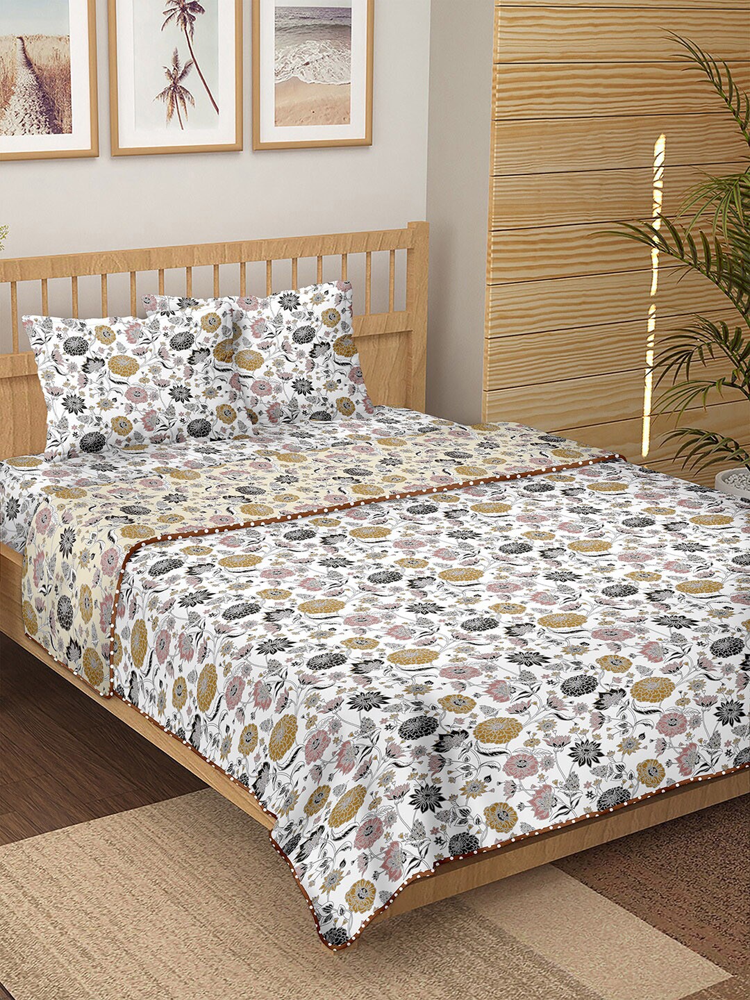 

BELLA CASA White & Pink Floral Printed Cotton 150 TC Double King Bedding Set