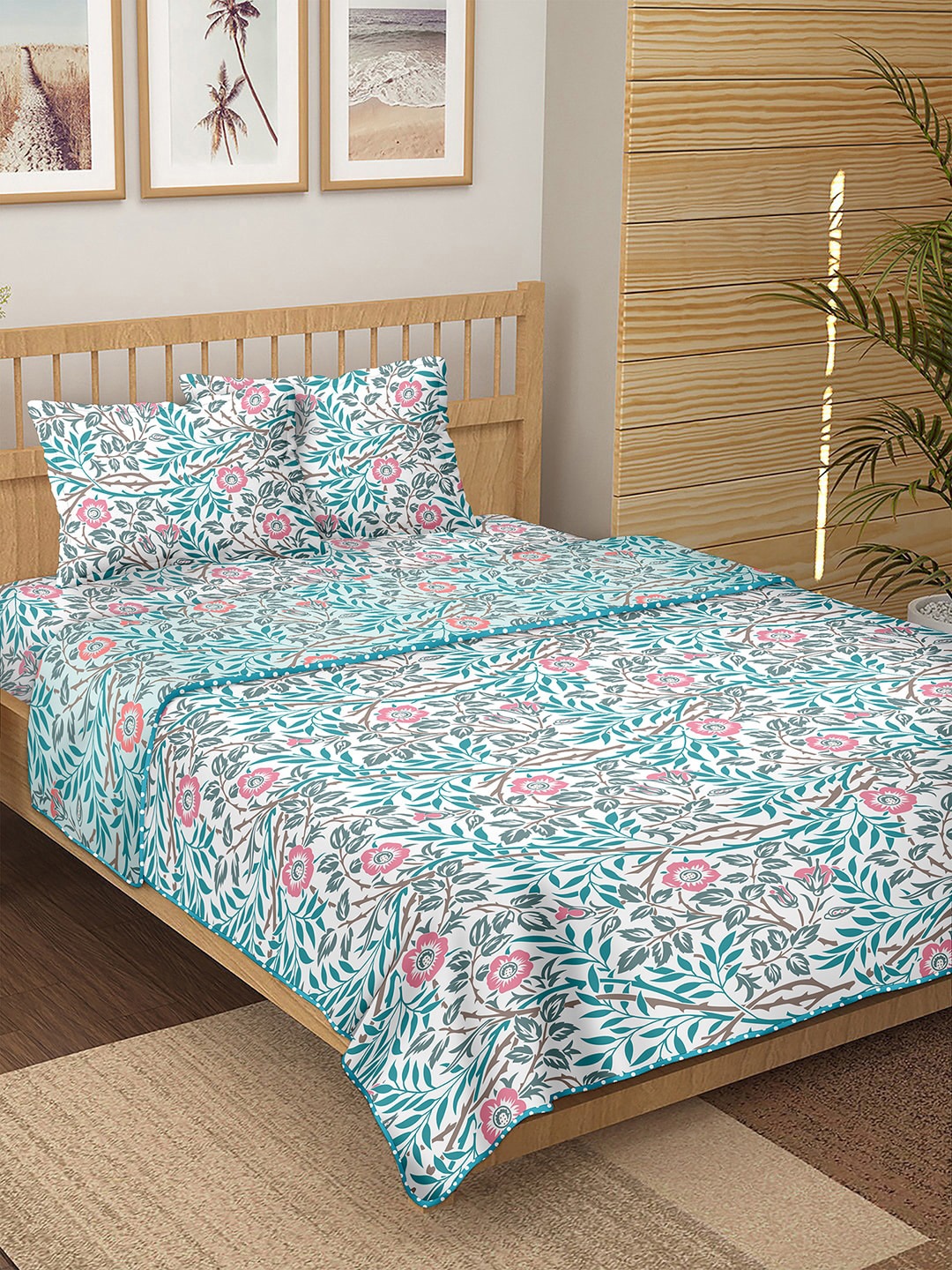 

BELLA CASA Blue Floral Printed 150 TC Double King Bedding Set