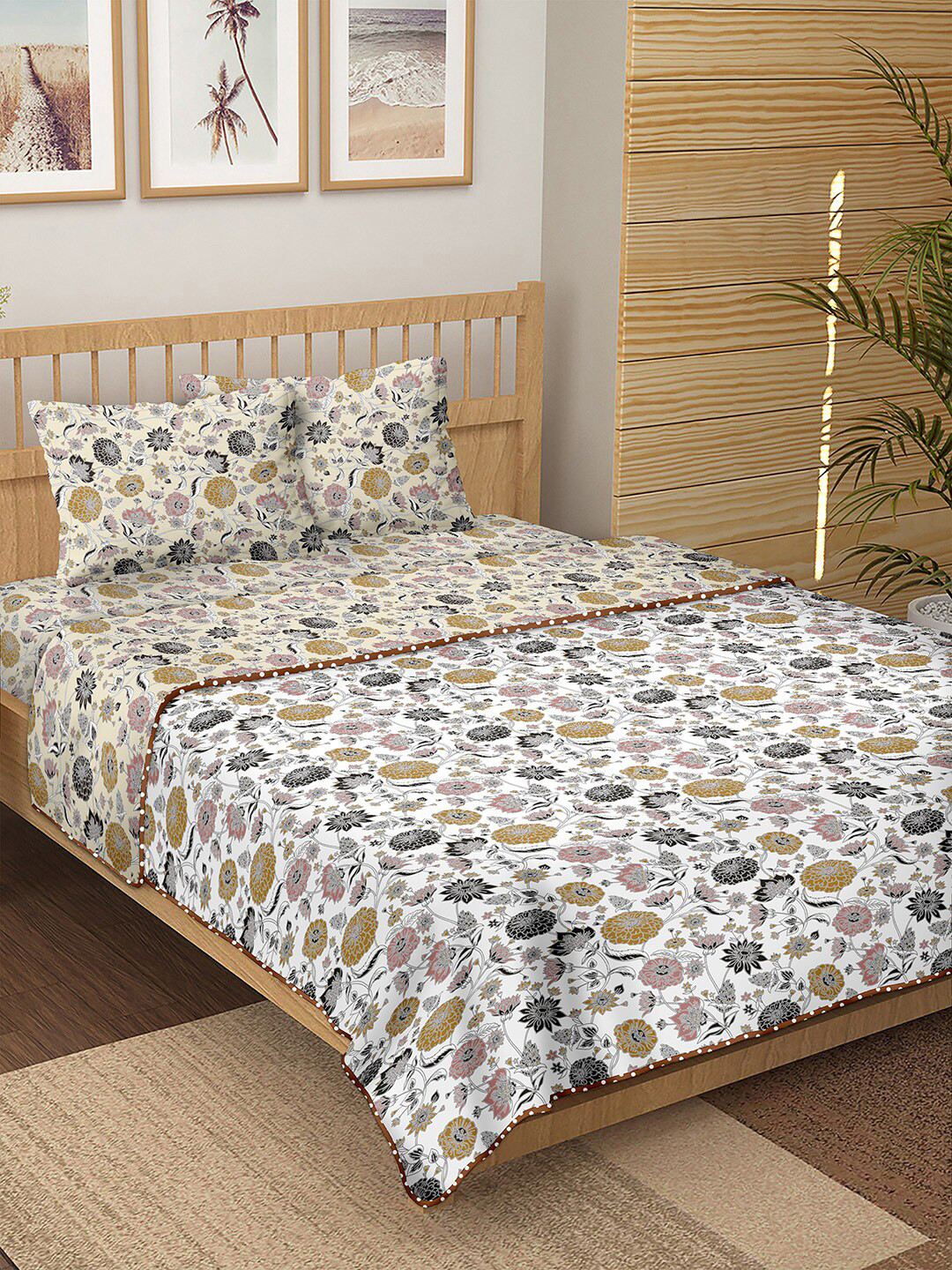

BELLA CASA White & Beige Floral Printed 150 TC Cotton Double King Bedding Set