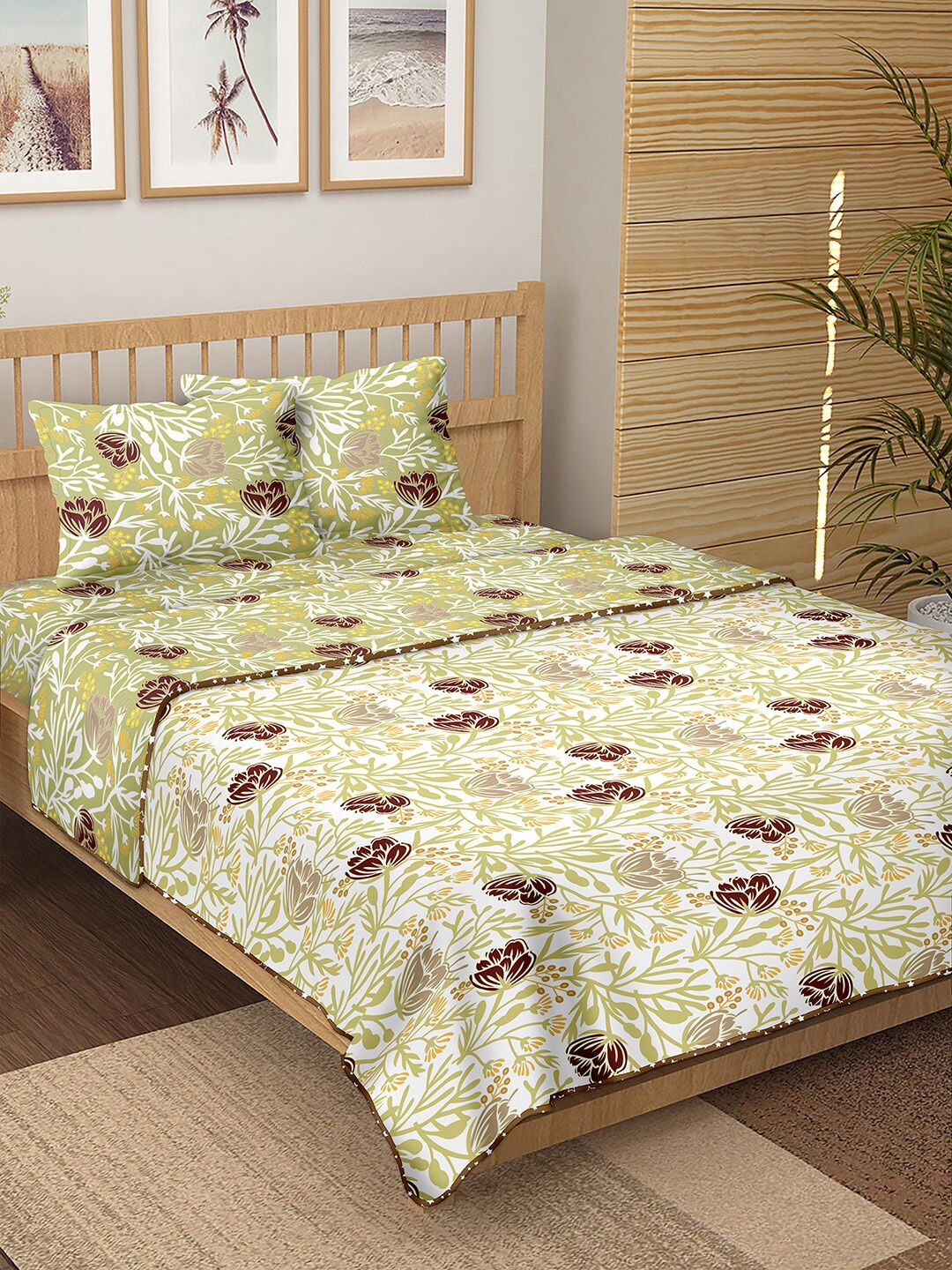

BELLA CASA White & Green Floral Printed Pure Cotton 150TC Double King Bedding Set