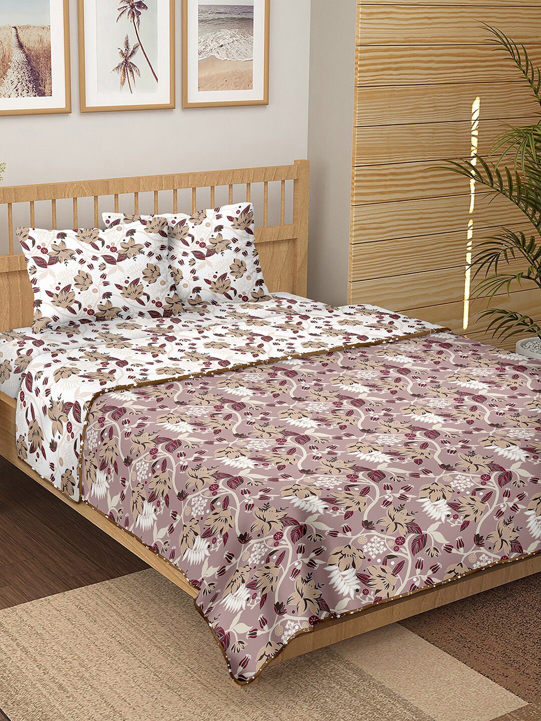 

BELLA CASA White & Brown Floral Printed Cotton 150 TC Double King Bedding Set