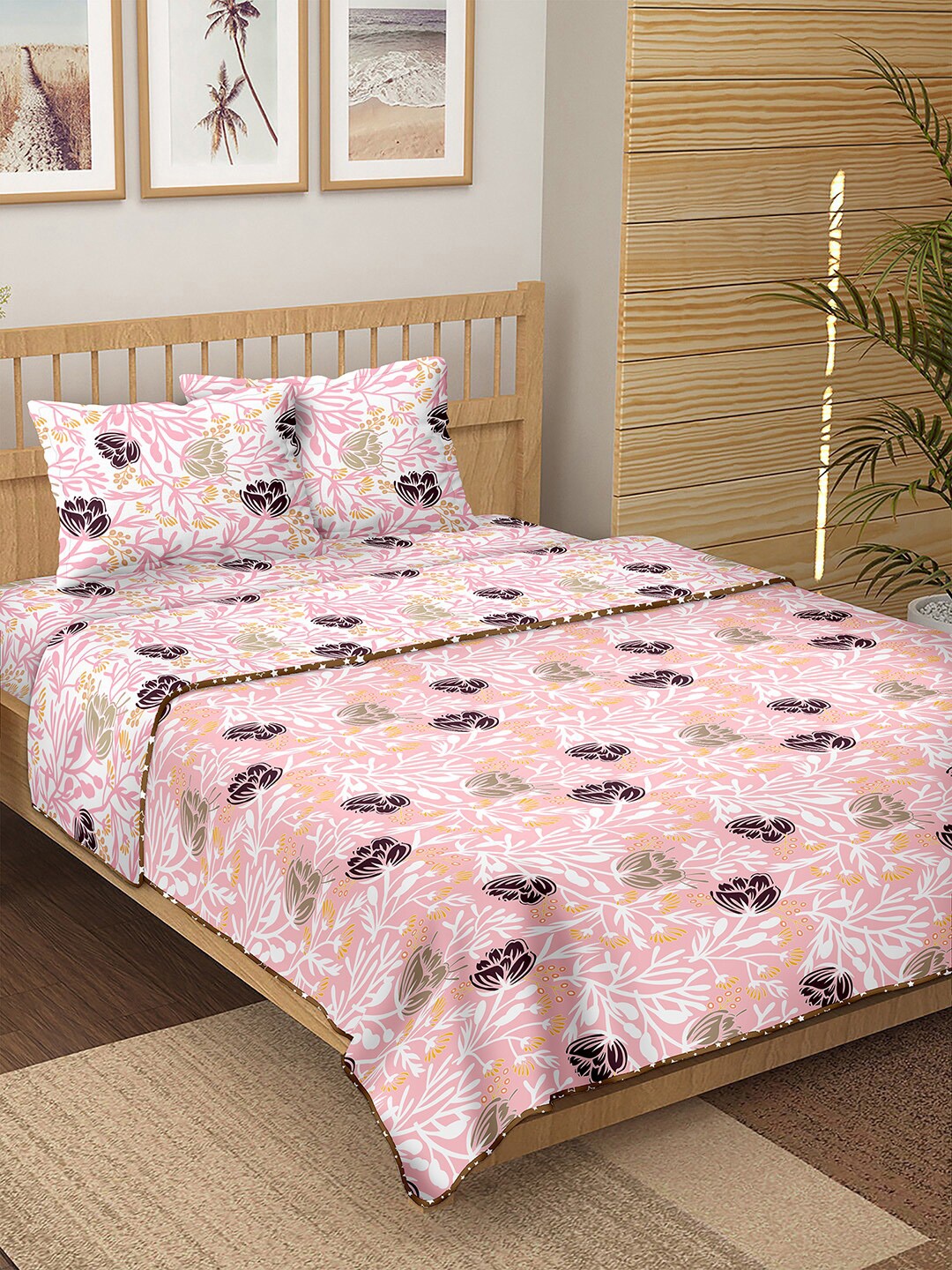 

BELLA CASA White & Pink Floral Printed Cotton 150 TC Double King Bedding Set