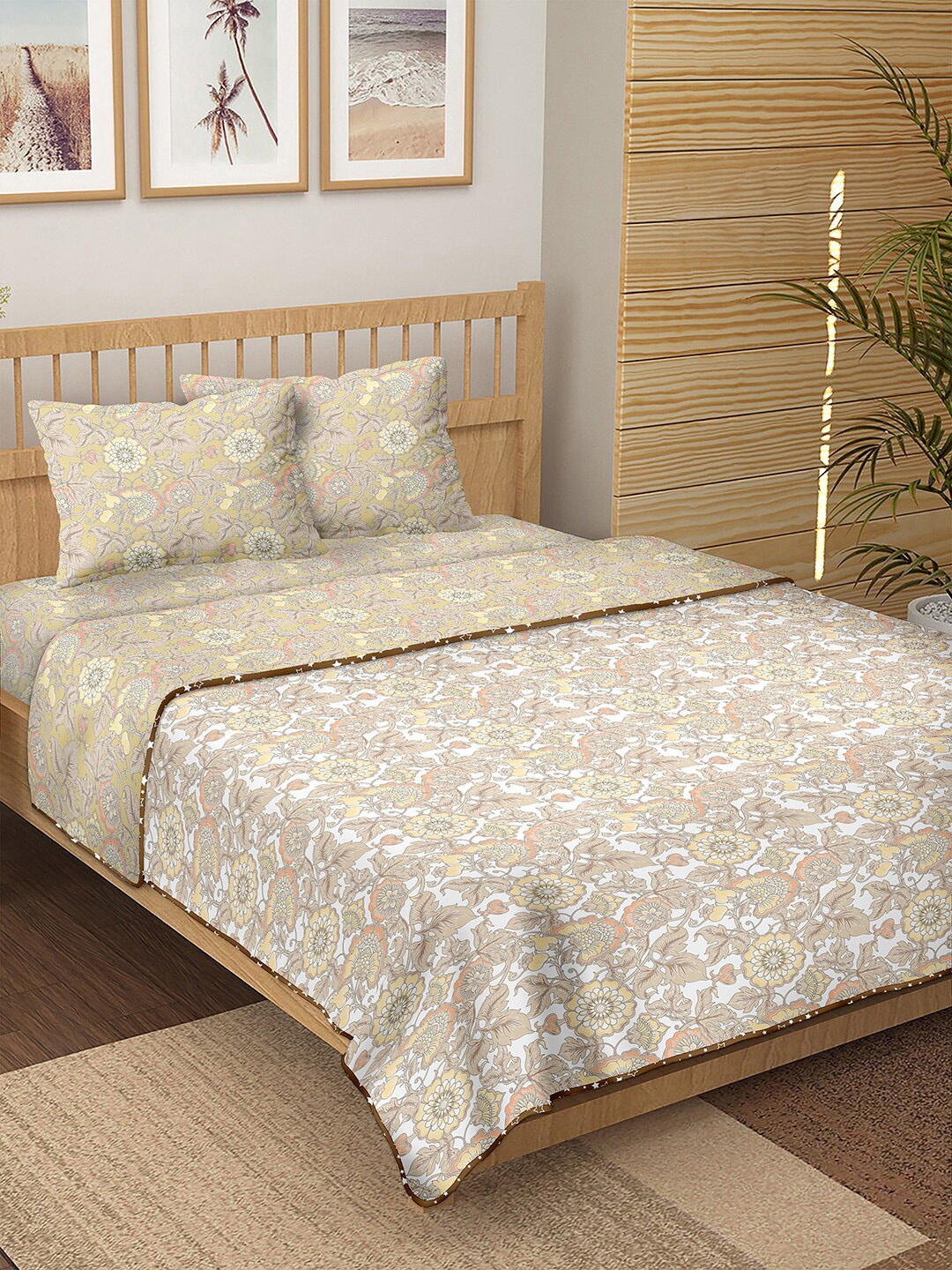 

BELLA CASA Beige & White Floral Printed Cotton 150 TC Double King Bedding Set