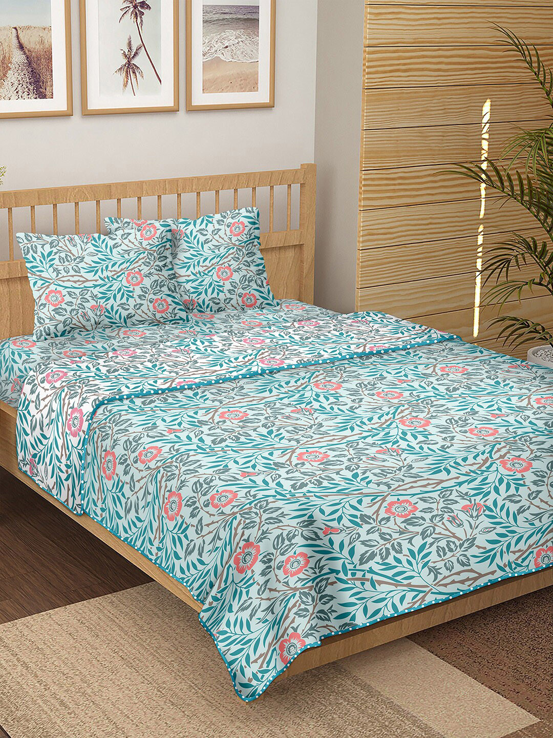 

BELLA CASA Blue & White Floral Printed Cotton 150 TC Double King Bedding Set