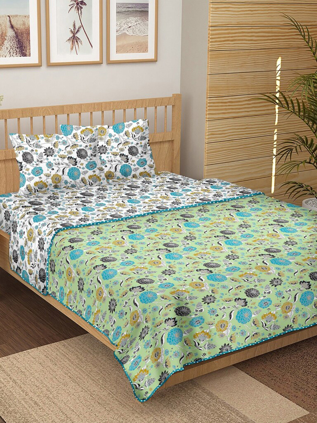 

BELLA CASA White & Blue Floral Printed Cotton 150 TC Double King Bedding Set