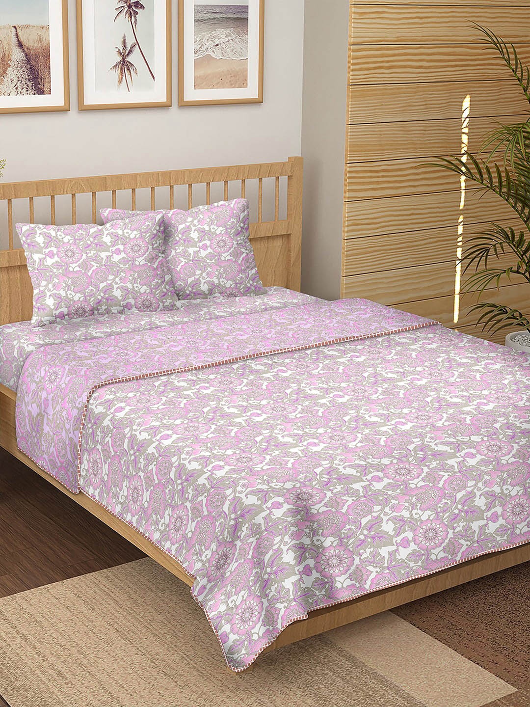 

BELLA CASA White & Purple Floral Printed Cotton 150 TC Double King Bedding Set