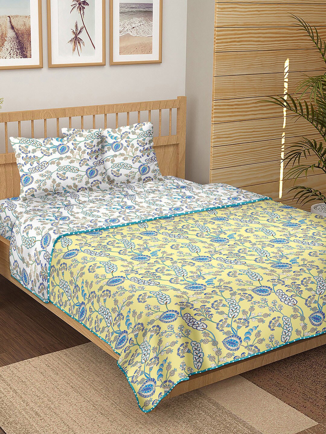 

BELLA CASA Yellow & Blue Floral Printed Cotton 150 TC Double King Bedding Set