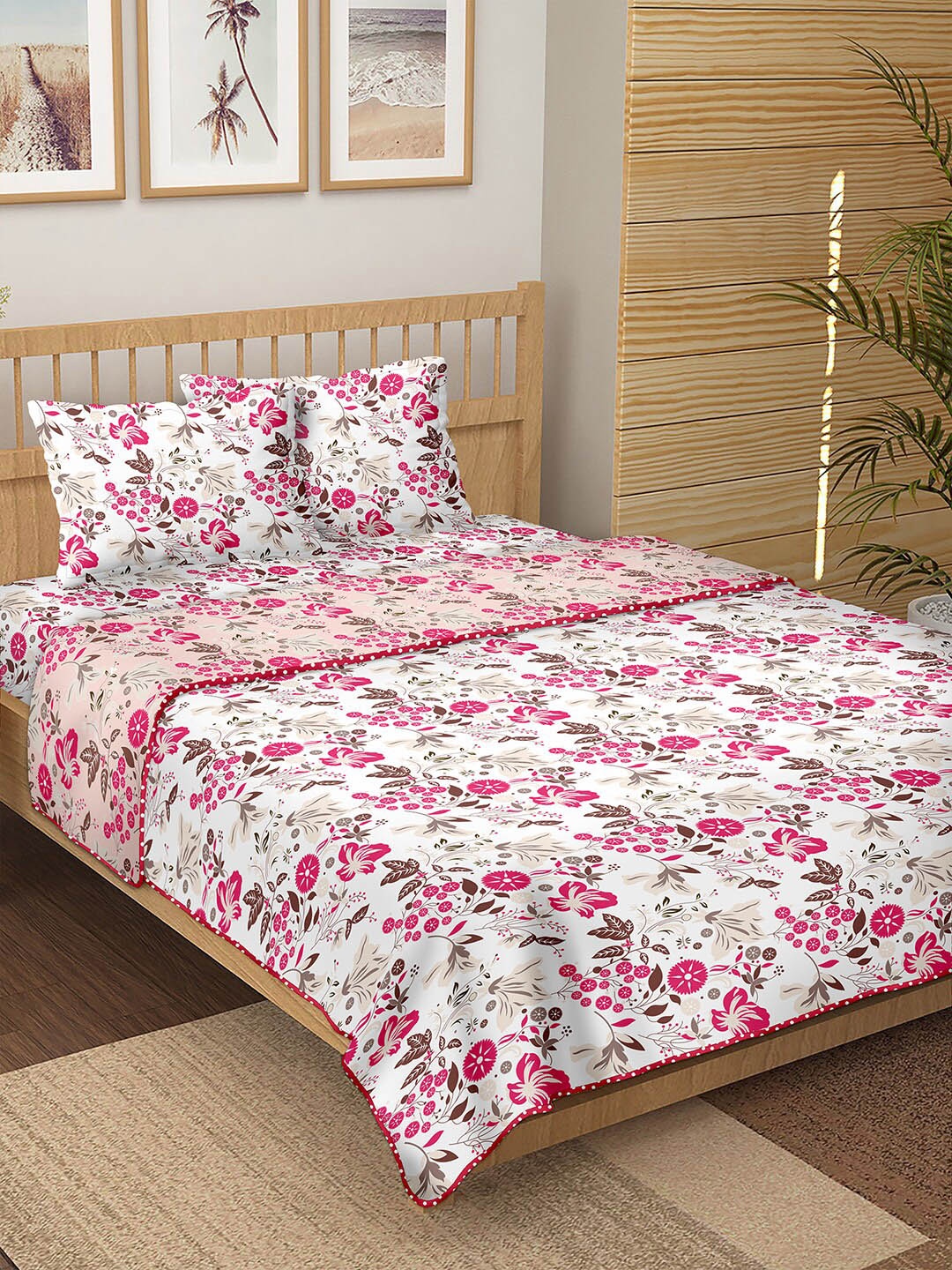 

BELLA CASA Pink & White Floral Printed Cotton 150 TC Double King Bedding Set