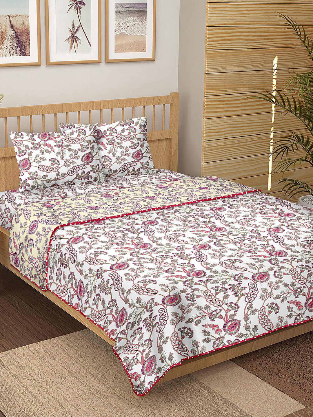 

BELLA CASA Pink & White Floral Printed Cotton 150 TC Double King Bedding Set