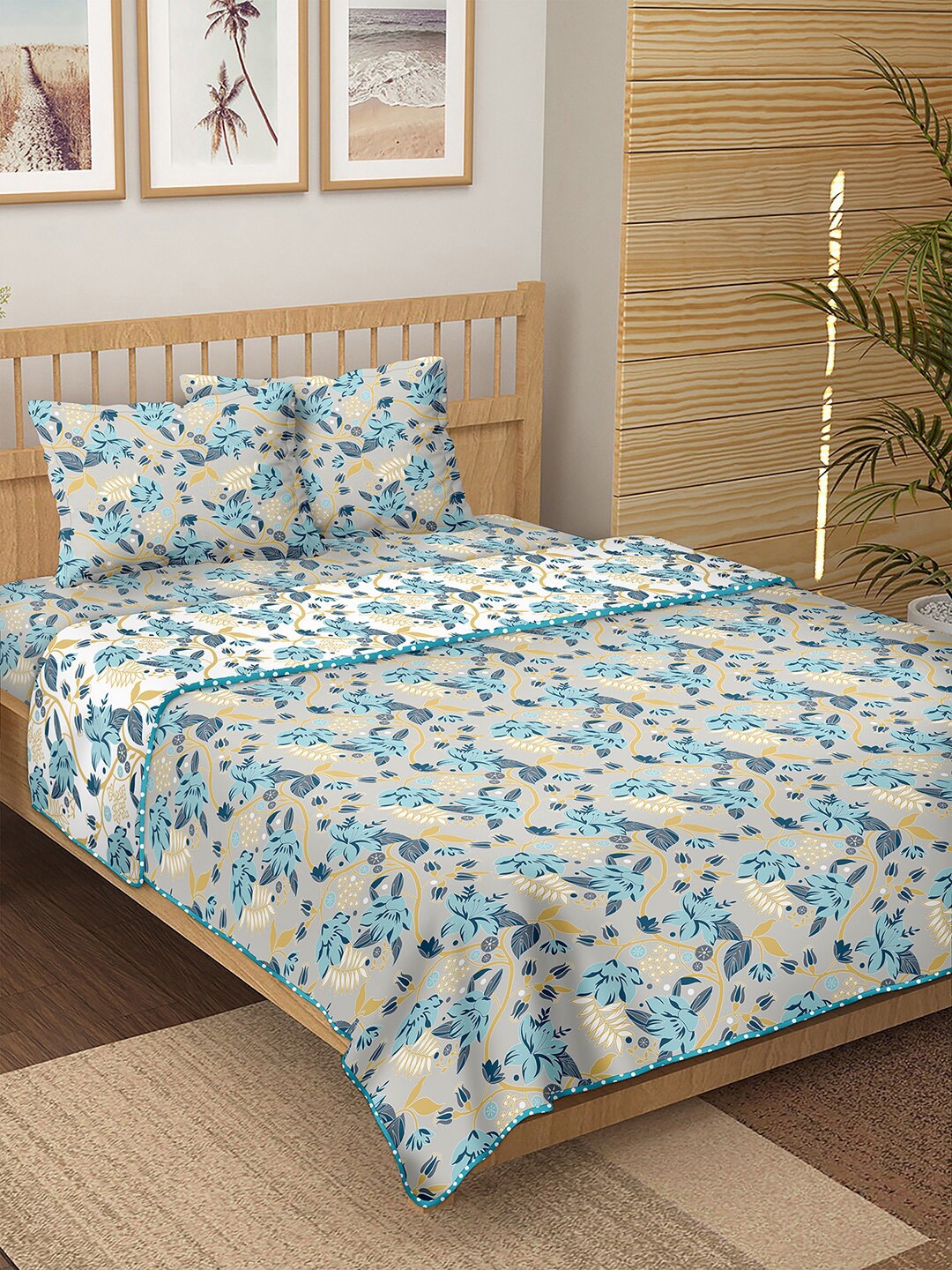 

BELLA CASA Grey & Blue Floral Printed Cotton 150 TC Double King Bedding Set
