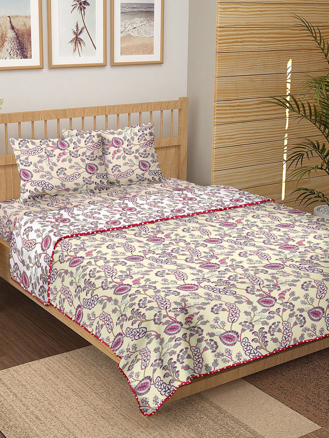 

BELLA CASA White & Violet Floral Printed Cotton 150 TC Double King Bedding Set
