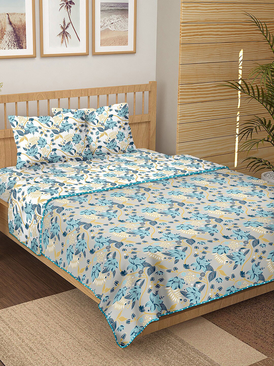 

BELLA CASA White & Blue Floral Printed Cotton 150 TC Double King Bedding Set