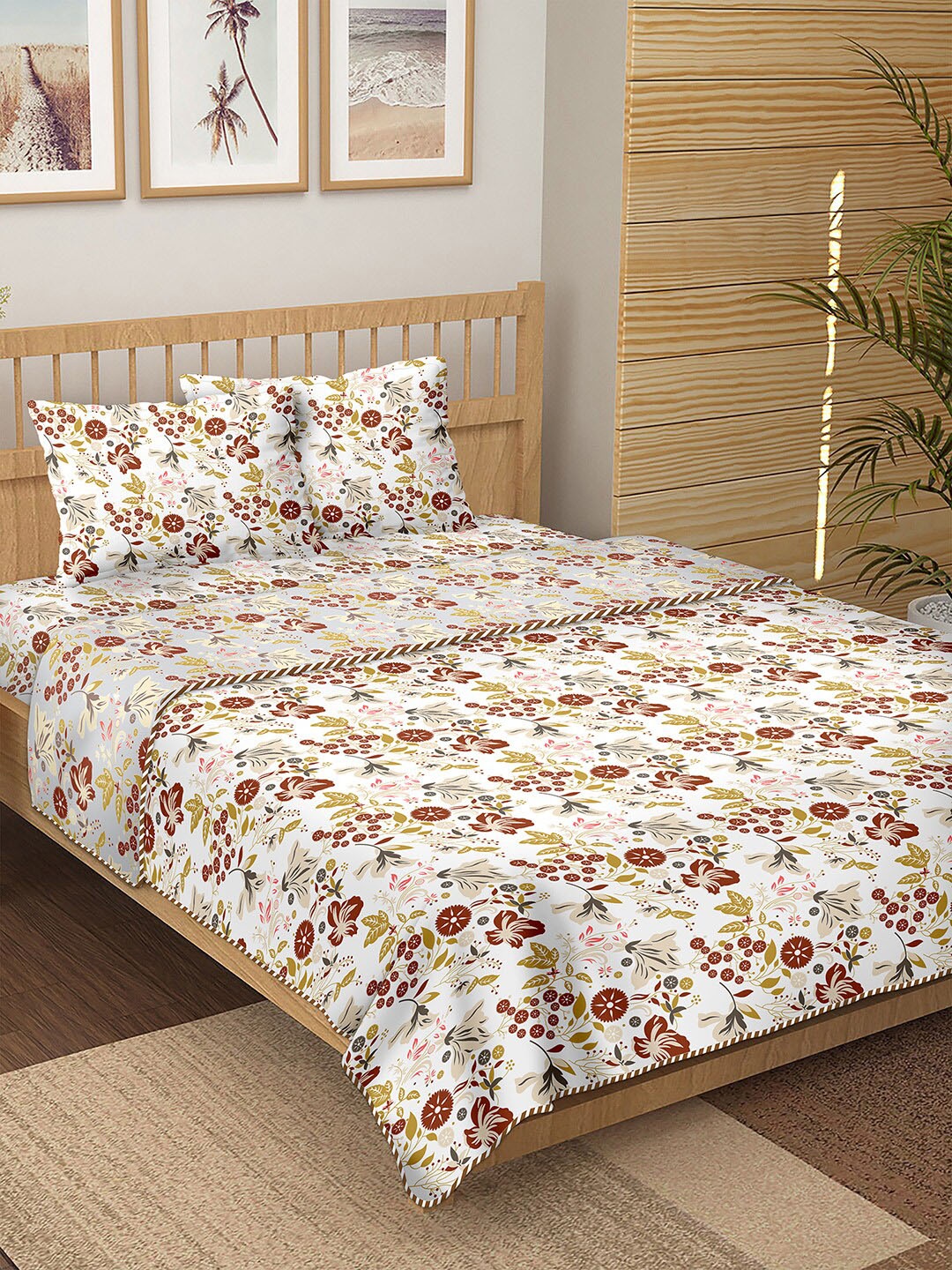 

BELLA CASA White & Red Floral Printed Cotton 150 TC Double King Bedding Set