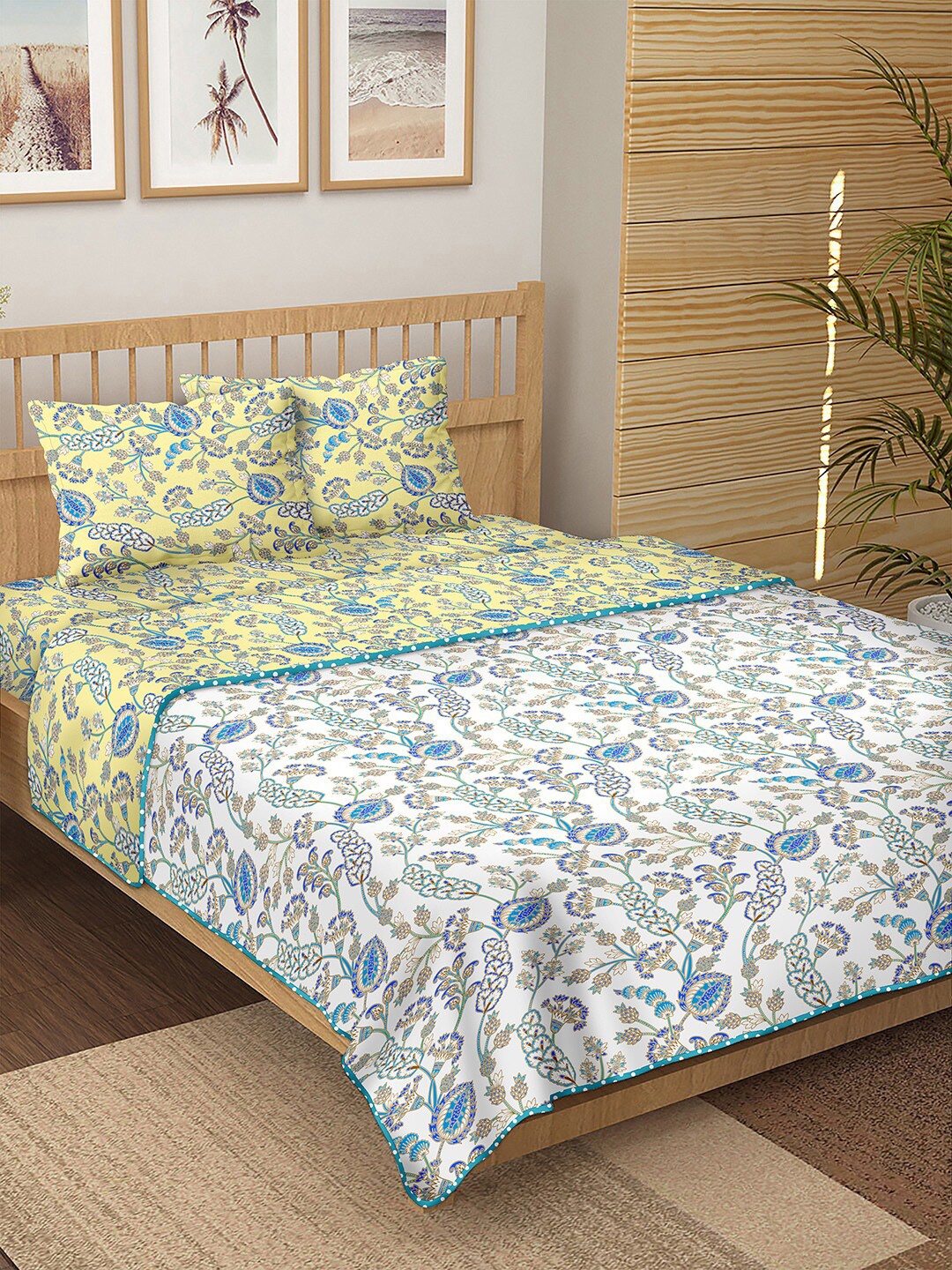 

BELLA CASA White & Yellow Floral Printed Cotton 150 TC Double King Bedding Set