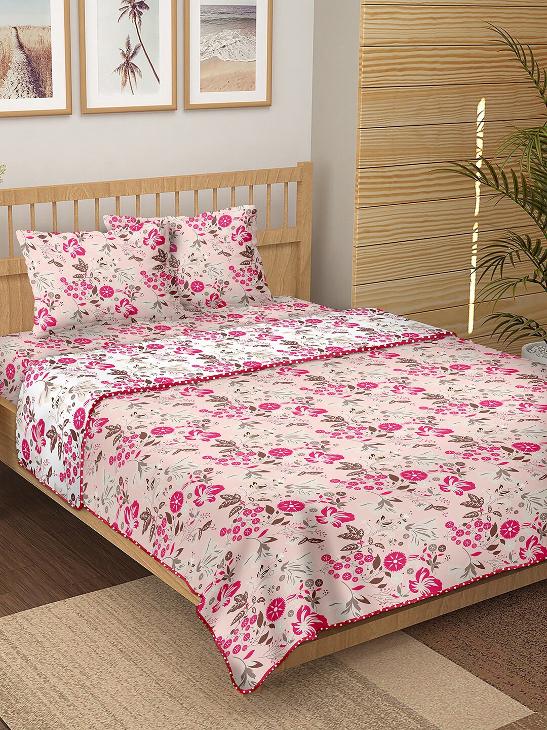 

BELLA CASA White & Pink Floral Printed Cotton 150 TC Double King Bedding Set